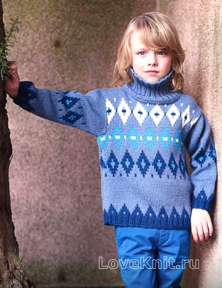 Детский норвежский жаккардовый свитер с круглой кокеткой, на ребенка(1,5 - 3 года), спицами.