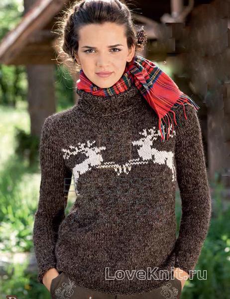 Вязаный свитер спицами с оленями