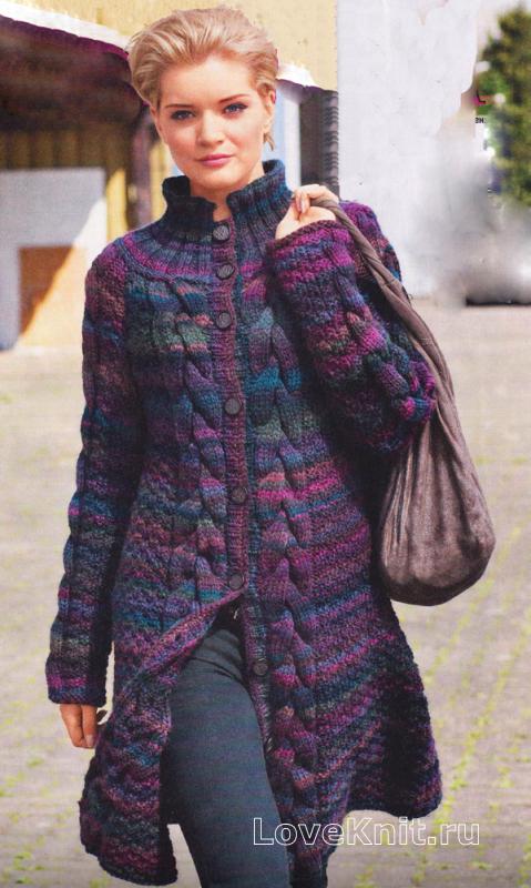 Женское вязаное пальто с косами описание вязания: