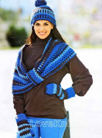 Схема вязания цветная шапочка с помпоном, шарф-хомут и варежки раздел вязание крючком для женщин шапки для женщин