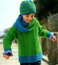 Как связать  двухцветный джемпер для ребенка, шапочка и шарф-петля