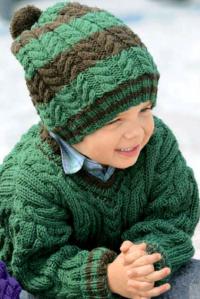 Как связать  объемный детский пуловер с v-образным вырезом и шапка с помпоном