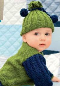 Как связать  зеленый пуловер и шапочка для вашего малыша