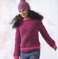 Как связать спицами цветной пуловер с контрастной планкой и шапочка с помпоном