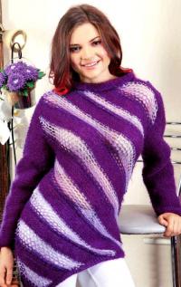 Как связать спицами полосатый пуловер с асимметричной длиной