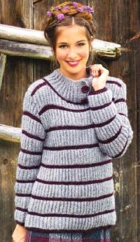 Как связать спицами полосатый пуловер с пуговицами на воротнике