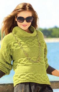 Как связать спицами зеленый пуловер с высоким воротником