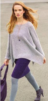 Как связать спицами пуловер-пончо с асимметричной длиной и юбка с косами