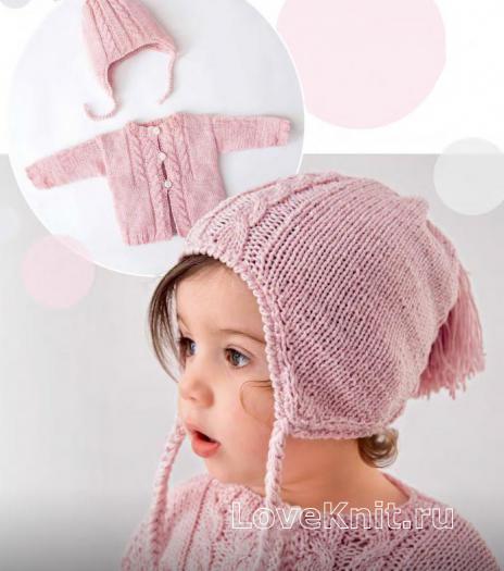 Как связать  детская шапочка на завязках с помпоном и жакет на пуговицах