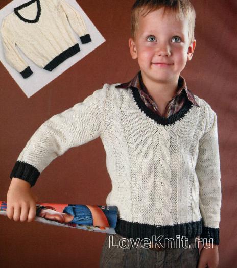 Как связать  детский белый пуловер с v-образным вырезом