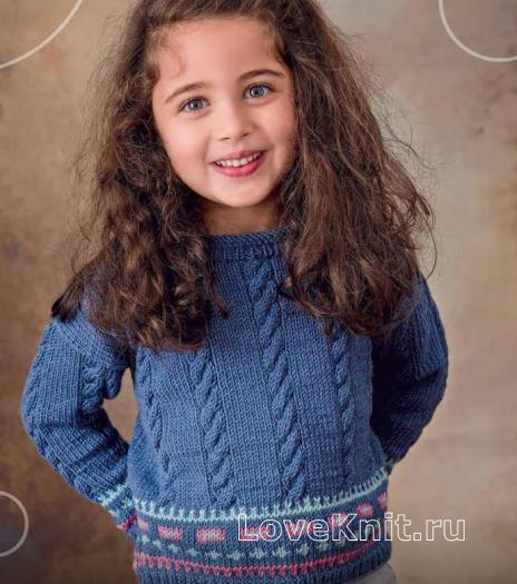 Как связать  детский пуловер с цветным орнаментом и косами