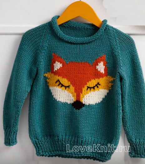 Как связать  детский пуловер с рисунком "лиса"
