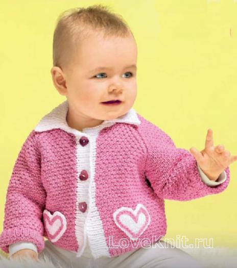 Как связать  детский розовый жакет с карманами