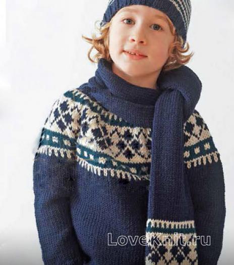 Как связать  детский свитер, шарф и шапочка с жаккардовым узором 