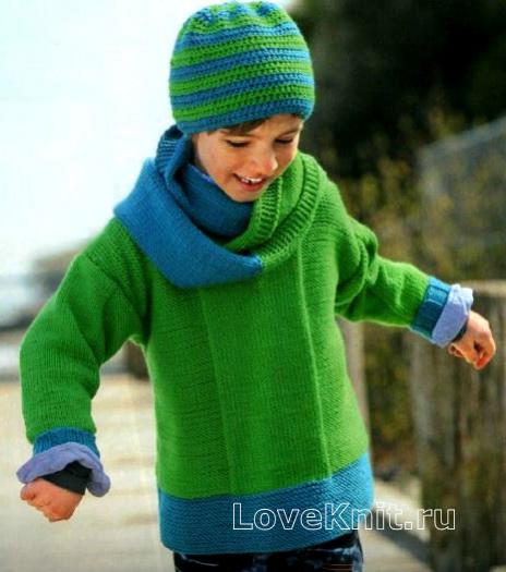 Как связать  двухцветный джемпер для ребенка, шапочка и шарф-петля