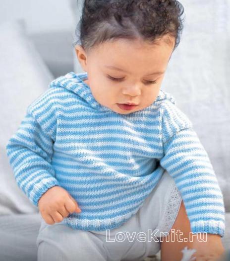 Как связать  полосатый пуловер с капюшоном для ребенка до 2х лет