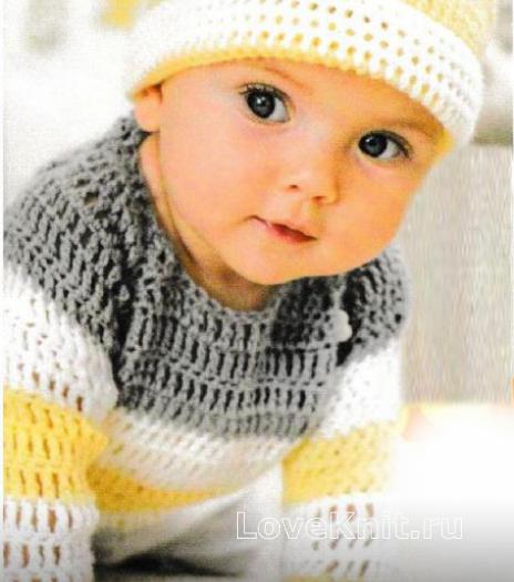 Как связать  трехцветный полосатый пуловер и шапка для малыша