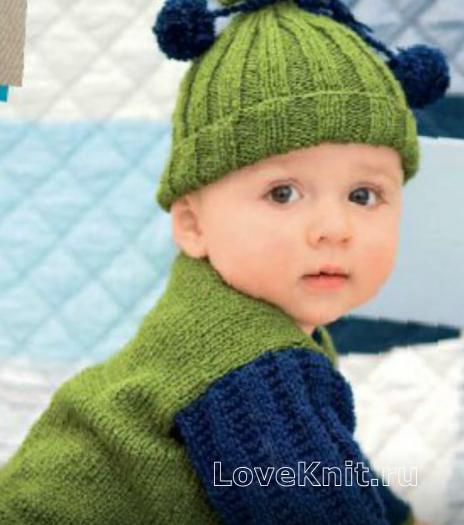 Как связать  зеленый пуловер и шапочка для вашего малыша