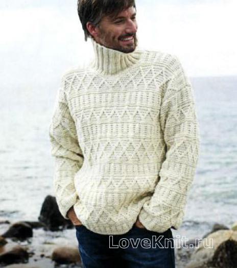 Как связать для мужчин мужской белый свитер с рельефным узором