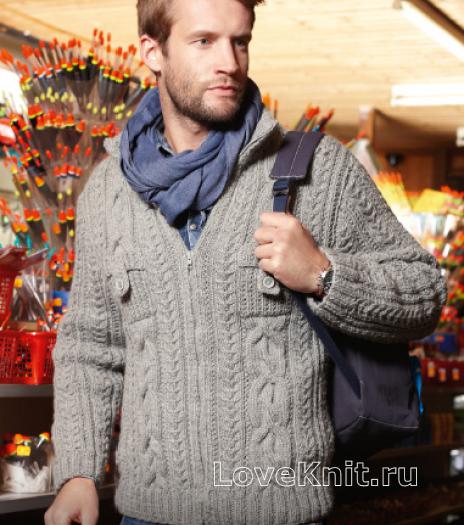 Как связать для мужчин мужской пуловер с косами и накладными карманами