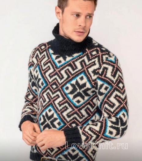 Как связать для мужчин мужской свитер с контрастным рисунком