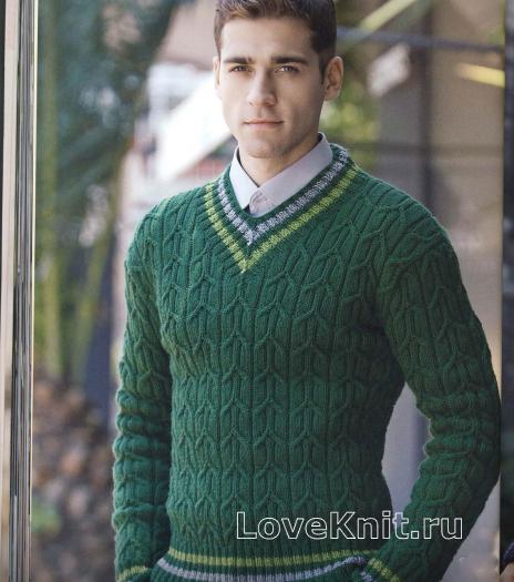 Как связать для мужчин мужской зеленый пуловер