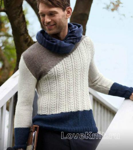 Как связать для мужчин стильный трехцветный пуловер для мужчины