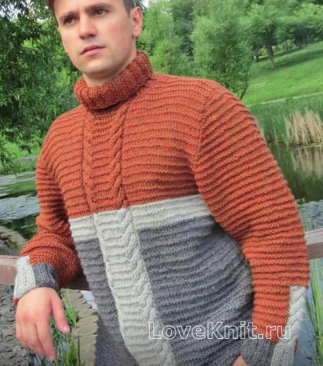 Как связать для мужчин трехцветный свитер для мужчины с косами