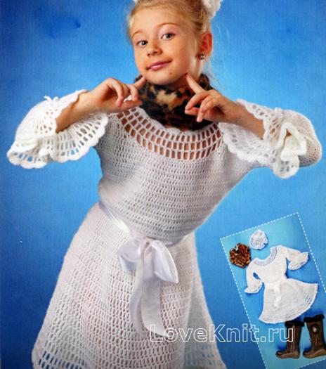Как связать  детское нарядное платье с ажурными рукавами и украшение для волос