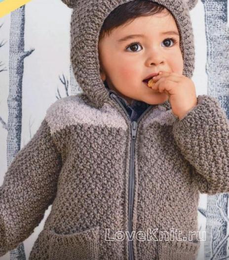 Как связать  теплый свитер-пальто для малыша с капюшоном и ушками