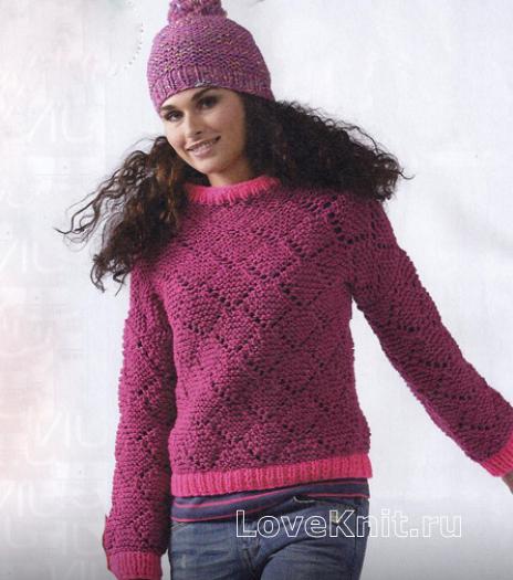 Как связать спицами цветной пуловер с контрастной планкой и шапочка с помпоном