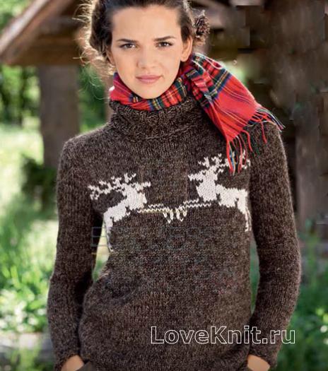 Как связать спицами коричневый свитер с оленями