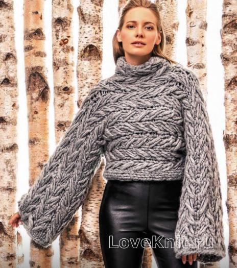 Как связать спицами короткий пуловер крупной вязки с широкими рукавами