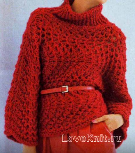 Как связать спицами красный пуловер с широкими рукавами