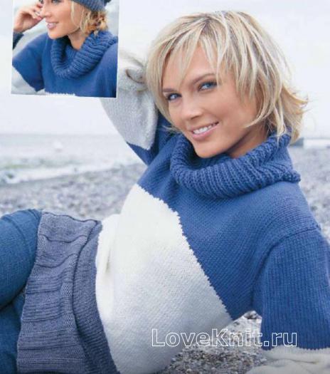 Как связать спицами полосатый пуловер и берет
