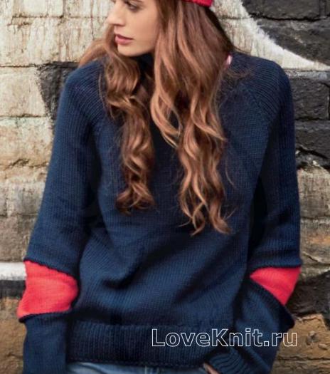 Как связать спицами пуловер с контрастными вставками на рукавах и шапочка-бини