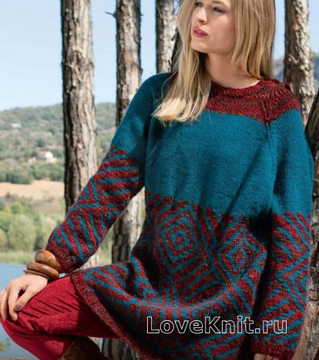 Как связать спицами разноцветный пуловер-платье оверсайз с капюшоном