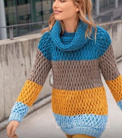 Как связать спицами свитер реглан в крупную полоску и шарф-петля