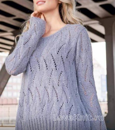 Как связать спицами свободный ажурный пуловер с пайетками