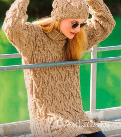 Как связать спицами удлиненный свитер и шапочка с плетеным узором