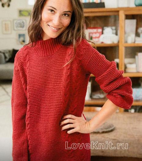 Спицами удлиненный свитер с вертикальными косами фото к описанию Как связать спицами удлиненный свитер с вертикальными косами