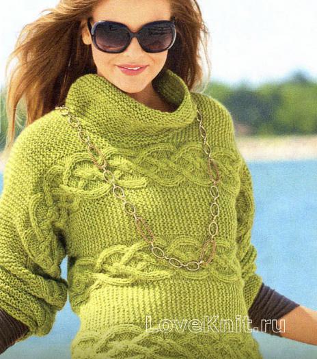 Как связать спицами зеленый пуловер с высоким воротником