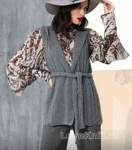 Спицами удлиненный жилет с косами фото к описанию Как связать спицами удлиненный жилет с косами
