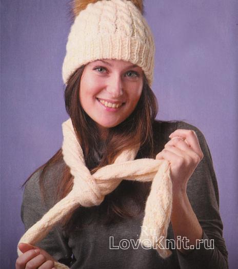 Как связать спицами шапочка с меховым помпоном и шарфик