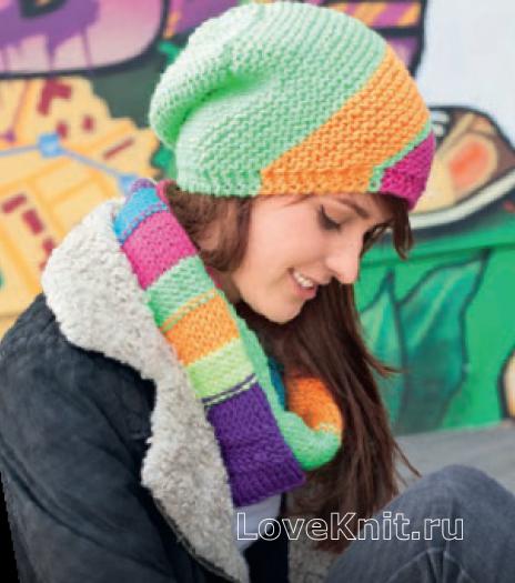 Как связать спицами разноцветный шарф-снуд