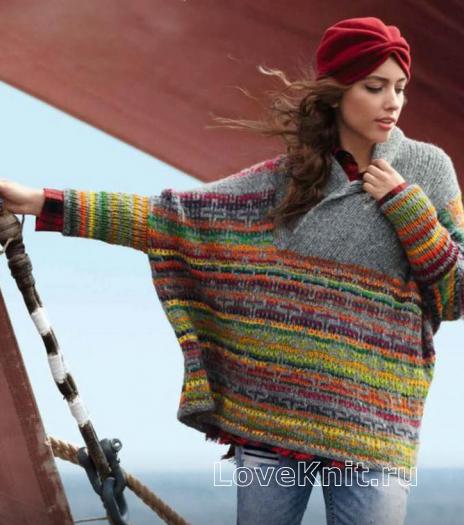 Как связать спицами широкий пуловер-пончо с цветным узором