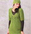 Крючком длинный зеленый пуловер и шапочка фото к описанию