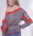 Как связать крючком пуловер с открытыми плечами и яркими цветами